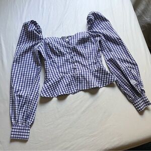 NIKA TANG blue white gingham plaid‎ cotton poly Raina puff long sleeve blouse